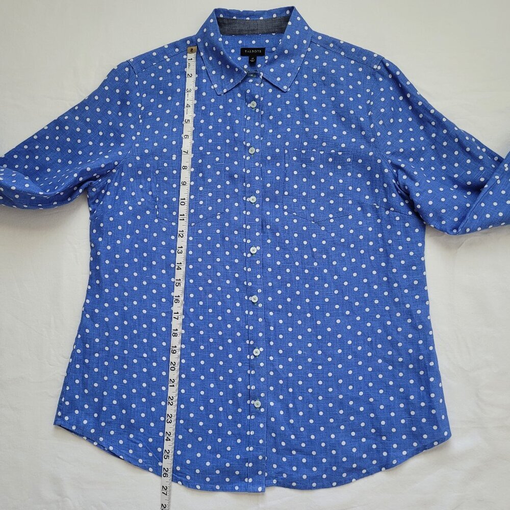 Talbots Polka Dot Shirt Button Up 100% Linen Medium Preppy Coastal Chic Classic - Picture 8 of 11